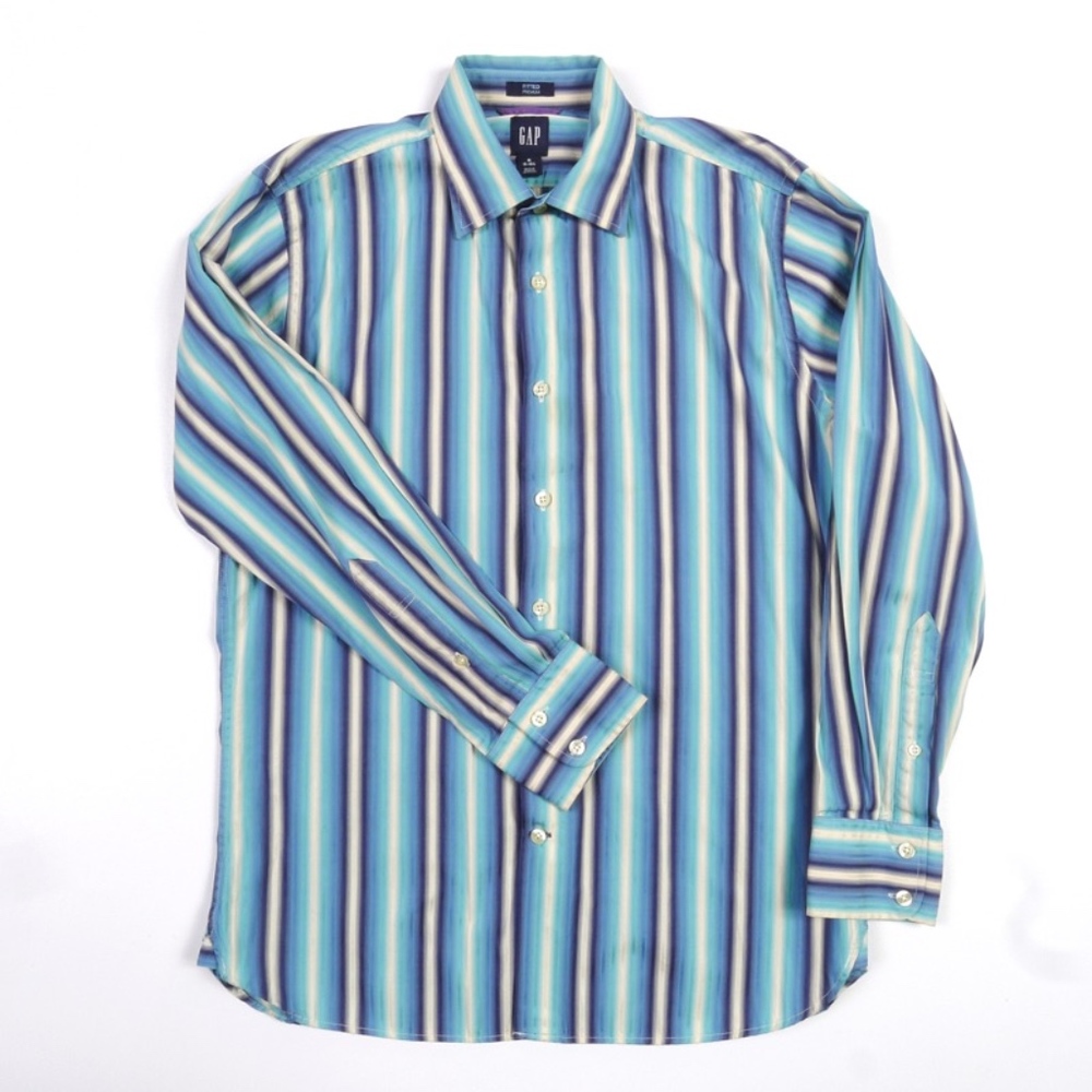 GAP Fitted Premium Casual Shirt Button Front Men Medium Blue Stripes 100% Cotton